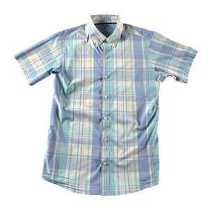 IZOD Short Sleeve Button Down Shirt Mens Plaid Blue Teal Regular Fit M